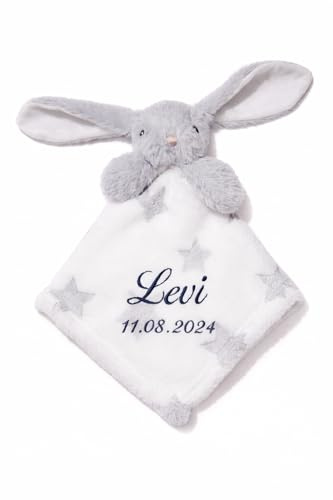 BotoBaby Personalisiertes Schmusetuch mit Namen und Geburtsdatum Kuscheltuch Baby 37x37 cm Schnuffeltuch mit Namen Geschenk zur Geburt Taufe Baby Geschenkidee Kuscheltuch (Grau - Hase - Sternen)