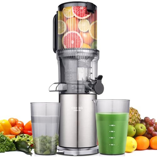 ORMEO HOME - Exprimidor de prensa en frío con canal de alimentación grande de 5 pulgadas, máquina exprimidora de masticación lenta de 200 W para frutas y verduras enteras de alto rendimiento de jugo