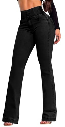 shownicer Jean Femme Taille Elastique Bootcut Jeans Taille Haute Flared Pantalon Denim Évasé Jambe Large Stretch Jean A Noir M