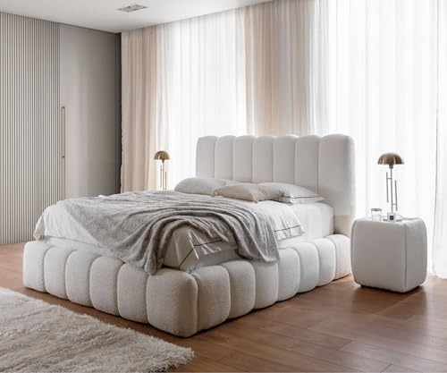 FURNISTAR Polsterbett Chloe mit Bettkasten, Bett 180x200, Doppelbett mit Stauraum und Lattenrost, Boxspringbett-Optik, ohne Matratze, Schlafzimmer - Hellcreme