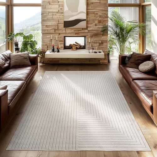 SIMPEX Alfombra 280x370 cm XXL Crema, Pelo Corto con Efecto 3D Alto-Bajo, Diseño Boho Escandinavo, para Espacios Grandes Interior Exterior