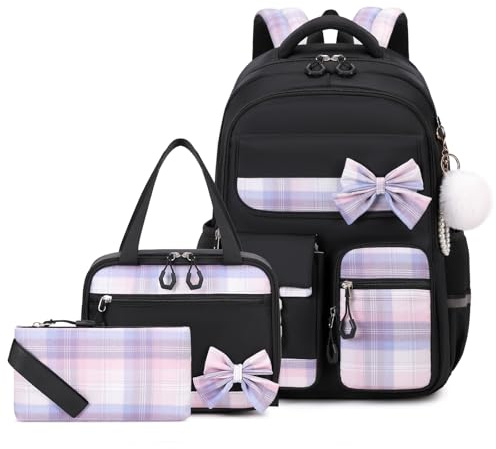 Amythe Zaino per Ragazze Delle Scuole Elementari e Medie 3 pezzi con Lunch Bag e Astuccio, Cartella Scolastica per Ragazze di 9-16 anni, Zainetto per Bambini Carino e Casual, Nero