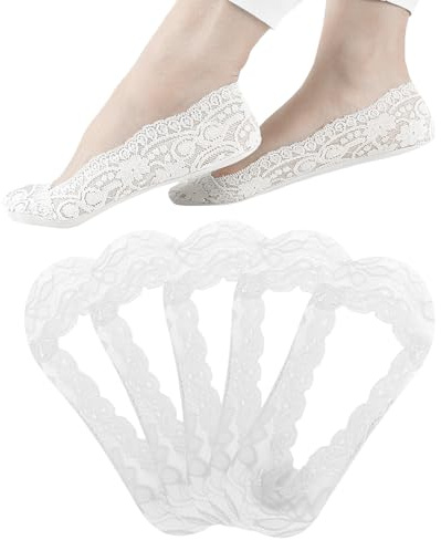 WKRTDY 5 Paar Söckchen Spitze für Damen, Füßlinge Ballerina Socken Damen, Atmungsaktiv Unsichtbare Sneaker Socken Damen, No Show Rutschfeste Füsslinge mit Siliconpad, No Show Atmungsaktiv Halbsocken
