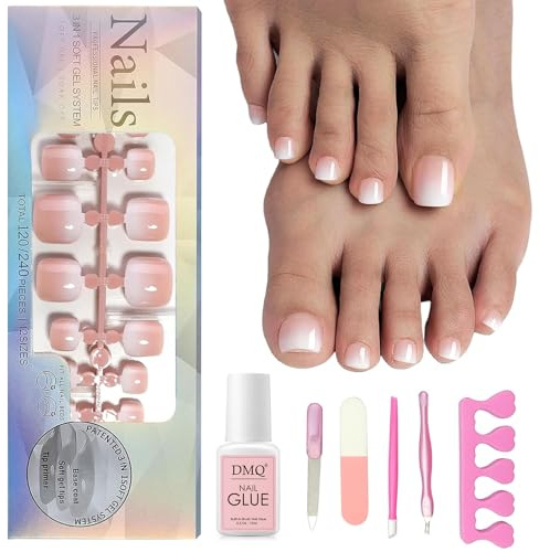DMQ French False Toenails, 120Pcs Ombre Press on Nails for Toes Short, Square Nude Gradient French Tip Fake Toe Nails, Full Cover Stick On Toenails With Nail Glue for Women Girls Nail Art Manicure