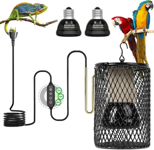Schildkröte Wärmespotlampe mit Schutzkorb und Timer, Reptilien Wärmelampe Einstellbare Temperatur Mit 2 Keramik-Heizbirnen (50W 75W), Wärmelampe für Reptilien Vögel Chamäleon Eidechsen Schlange