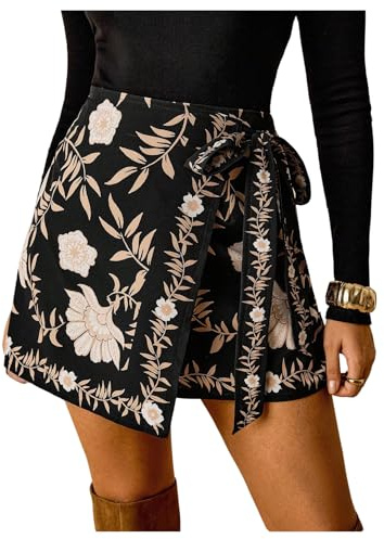 RoseSeek Women's Plus Size Floral Wrap Skirts Bow Knot Boho Tropical Mini Skirts Vacation Outfit Black X-Large Plus
