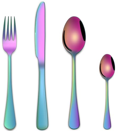 Colorful Rainbow 16-Piece Cutlery Sets Service for 5,Stainless Steel Silverware Sets Includes Knife Spoon and Fork Eating Utensils Sets for Kitchen Tableware Sets