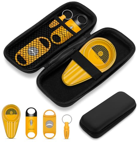 Cigar Accessories Set Portable,4-in-1 Cigar Case/Humidor Set - V Cut Cutter,Straight Cutter,Hole Punch,Ceramic Ashtray with Accessory Bag,Travel Cigar Tool Kit For Outdoor,Party,Office (Yellow)