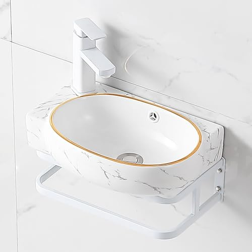 TRAGLO Lavandino sospeso, piccolo lavabo in ceramica con rubinetto e portasciugamani, lavabo da appoggio con troppopieno per bagni, lavanderia e cucina(Left,M)