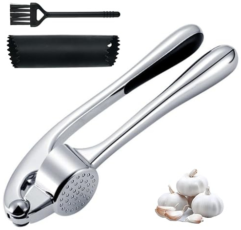 Garlic Press Set, Heavy Duty Zinc Alloy Garlic Crusher | with Ergonomic Easy-Squeeze Handle, Rustproof Garlic Mincer, Silicone Garlic Peeler Tube & Cleaning Brush, Kitchen Tool Kit