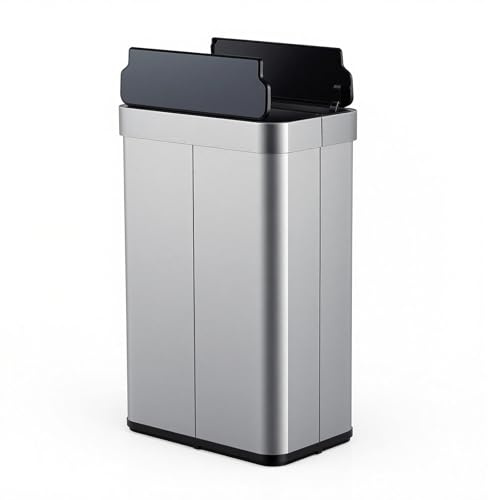 GOPLUS Poubelle Cuisine 60 Litres en Acier Inoxydable Automatique, Argent | Poubelle Tri Selectif Étroite avec Capteur de Mouvement, Douvle Couvercle Abattant à Fermeture, pour Cuisine, Maison, Salon