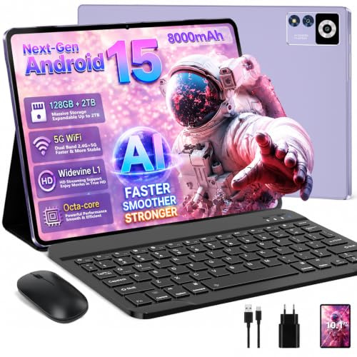 ZIOVO Tablet 10 Pollici Android 15,30GB RAM+128GB ROM(TF 1TB),5G WiFi Tablets,Octa-Core 2.0 GHz/Gemini AI/Widevine L1/8000 mAh/Bluetooth 5.0/GPS/Face ID/2 in 1 Tablet con Tastiera e Mouse-Viola