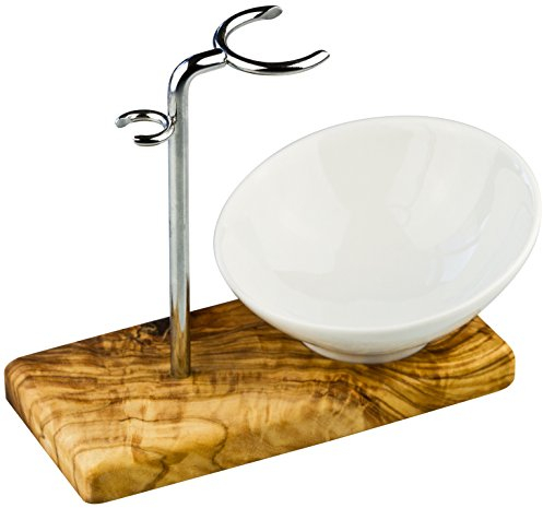 GREENDOOR Rasierpinselhalter, Rasierpinsel-Ständer aus Olivenholz & Stahl & Porzellan Schale, schönes Set, Geschenk für Männer, Geschenke Rasierständer Rasierhalter Halter Rasierer