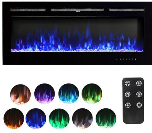 FIDOOVIVIA Electric Fireplace, 40Media Wall Fireplace with 9 LED Flame Colour Effect & Remote Control, Electric Fire Recessed and Wall Mounted, 2 Heat 900W&1800W, Overheat Protection, Log Set&Crystal