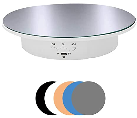 Electric Rotating Turntable for Photography, 90/180 Degree Motorized Rotating Stand Display Table for Live Video Automatic Revolving Platform with 6 Backgrounds for Jewelry, Watch, Perfume (White)