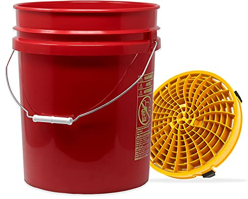 detailmate Autowäsche Set: Magic Bucket Wasch Eimer rot 5 Gallonen (19 l) mit Detail Guardz Dirt Lock Wascheimerseinsatz Gold für eine kratzerfreie Handwäsche