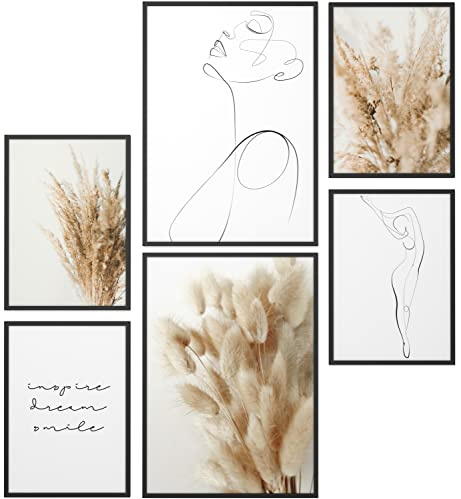 Papierschmiede® Mood Poster Set Pampas Woman, Deko Bilder Wohnzimmer, 2x DIN A4 und 4x DIN A5, Home Decoration Boho Style Frau Zeichnung Wollgras Boho beige - Wandposter ohne Rahmen