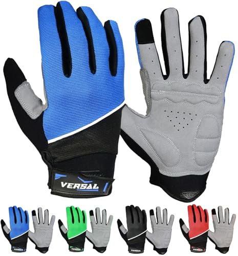 VERSAL Full Finger Cycling Gloves Gel Padded Mountain Bike Gloves Touchscreen Breathable MTB Gloves Bicycle Biking Riding Gloves for Men/Women (M, Blue)