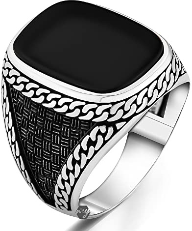 Herren-Ring aus massivem 925er Sterlingsilber, maßgeschneiderter schwarzer Onyx-Stein, türkischer Herrenring