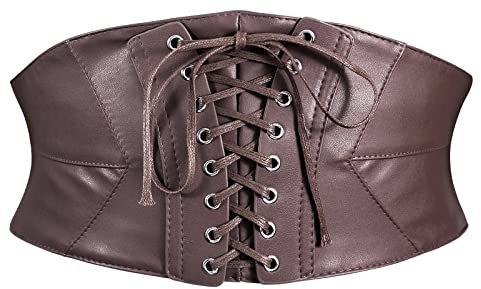 WERFORU Women Tied Waspie Belt Lace-up Corset Belt Retro Elastic Wide Belt, Soft Leather Stretchy Cinch Belt Coffee