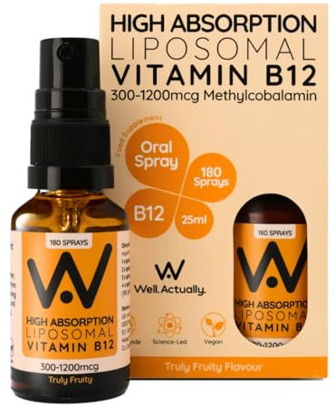 WELL ACTUALLY Liposomal Vitamin B12 Oral Spray 1200mcg - High Strength Methylcobalamin Supplement, Fast Absorbing, Methylated Vegan VIT B 12, Energy & Brain Support - Truly Fruity (180 Sprays)