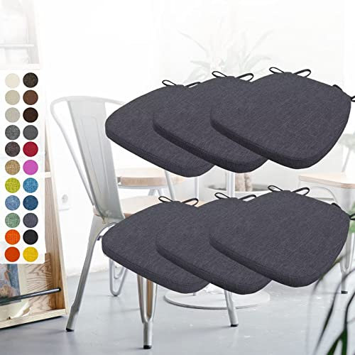 6er Set Stuhlkissen 43x42x3cm mit Bändern,Waschbare Sitzkissen Rutschfest,Stuhlauflage Stuhlpolster Sitzkissen,Abnembar Bezug Mit Reißverschluss,Ideal für Zuhause Büro Küche Esszimmer,Dunkelgrau Blau