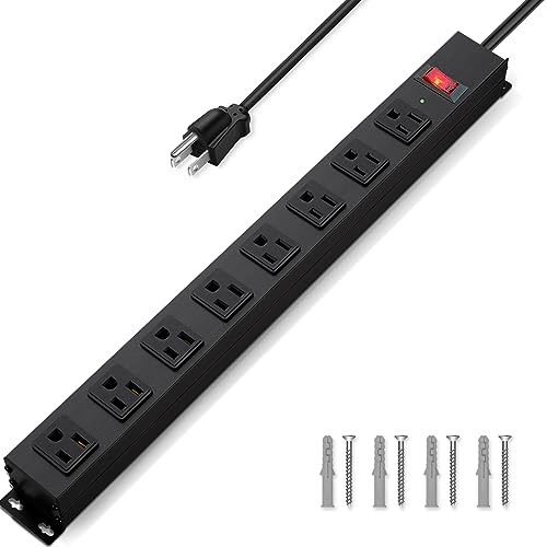 8 Outlet Power Strip Surge Protector, 6 Feet Metal Power Strip Heavy Duty with Switch for Home Office School Shop Garage, Wall Mount with Screw, 2100J 15A 125V 1875W, 14AWG, SGS Listed, Black