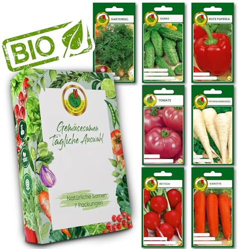 PNOS Set di semi di ortaggi, 7 pacchi di semi, aneto, cetriolo, peperone, pomodoro, prezzemolo, ravanello, carota, semi di ortaggi biologici, per cucina, balcone e giardino, coltivazione propria