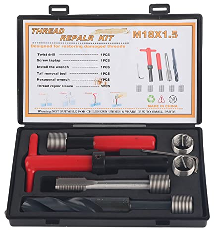 QANYEGN 10-teiliges Gewindereparaturset, Edelstahl-Gewindebohrerschlüssel-Gewindeeinsatz, Gewindereparatur-Werkzeugset Für Auto M18X1,5