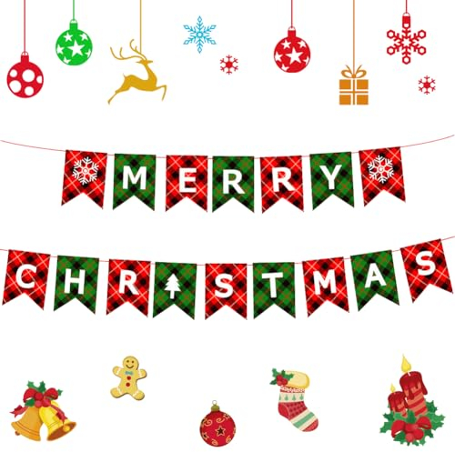 Wimpelkette mit Aufschrift Merry Christmas, rot / grün, kariert, Weihnachts-Partyzubehör