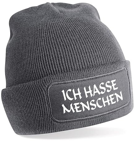 Herzbotschaft Beanie Strickmütze mit Spruch | Ich Hasse Menschen | Farbwahl | Unisex SoftTouch angenehm weiche und warme Wintermütze | OneSize Einheitsgröße für Erwachsene