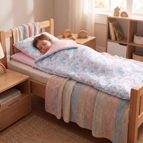 PinkZebra Schlafsack Kinder 140 x 75 cm + Kissenbezug 60 x 40 cm & Beutel, Indoor für Kindertagesstätte Kindergarten Deckenschlafsack, (bis 135 cm Kindergröße), Öko-Tex, Einhorn