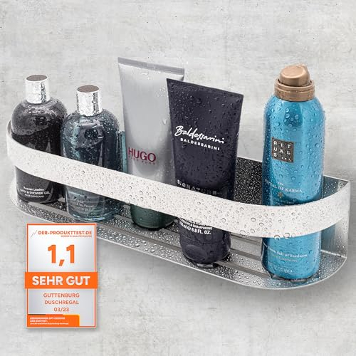 GUTTENBURG Duschablage ohne Bohren (XXL-Regal mit 38cm Länge, 2200cm³), klebt hochfest, gebürsteter Edelstahl, einfache Installation
