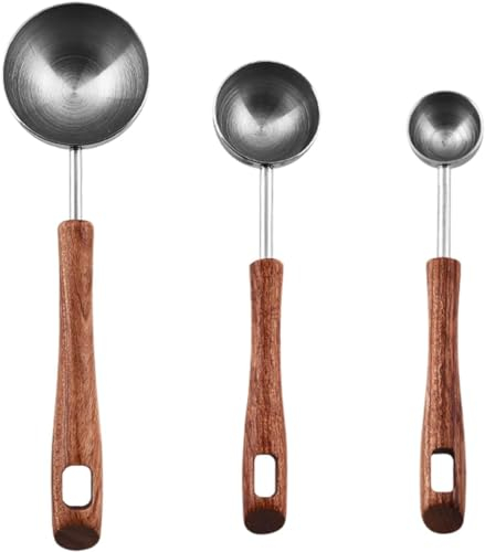 Juego de 3 cucharas medidoras de café, cuchara de café de acero inoxidable con mango de nogal negro, herramienta de medición para líquidos y sólidos, para cocinar en la cocina (4 ml/8 ml/25 ml)
