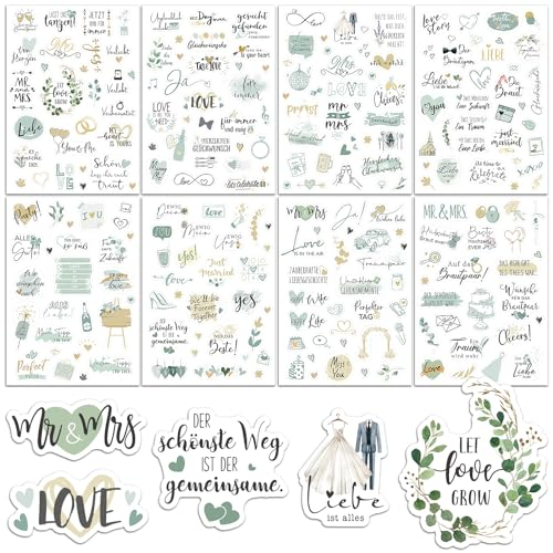 BETESSIN Hochzeit Aufkleber Gästebuch Hochzeit Sticker Fotoalbum Aufkleber 240 Motive Scrapbooking Sticker Eukalyptus Grün Vintage Umschlag Einladung Geschenk Etiketten Hochzeitsdeko