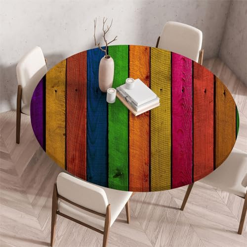 Chickwin Elastische Tischdecke Rund Outdoor Fleckschutz Abwischbar 3D Hölzerne Textur Muster Anti-Rutsch Round Gartentischdecke Tischdecke für Küche Camping Picknick (100cm,Bunt)