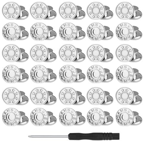 30 Stück Ersatz Jeans Knöpfe, 17 mmJeansknöpfe, Hosenknöpfe kein Nähen, abnehmbare Metall Hosen Knopfe Reparatur Druckknöpfe Knöpfe für Jeans, Kleidung, Hosen, Taschen, 2 Muster (Silber)