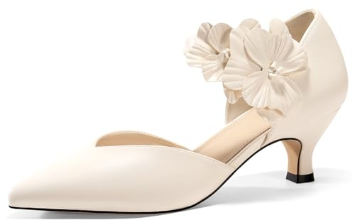 Coutgo Womens Low Kitten Heels Dressy Shoes Comfortable Closed Toe Flower Slip on Formal Party Dance Heeled Pumps, Creamy-White, Size 7