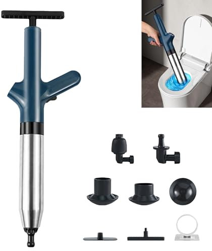Toilet Plunger, High Pressure Air Plunger Kit with Pressure Barometer, Includes 4 Replaceable Heads, Sink Plunger for Toilets, Sink, Bathroom, Shower, Kitchen, Pipe, Floor Drain, Sewer