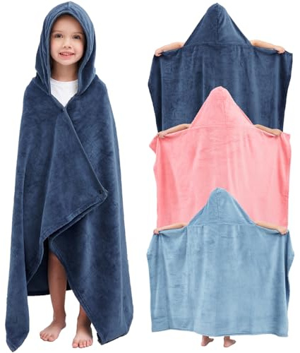 Hiturbo 3Pcs Kids Fleece Hooded Towel: Soft Plush Warm Blanket - 50x30 Pool Beach Bath Swim Towel Wrap for 3-12 Yrs (Navy+Blue+Pink)