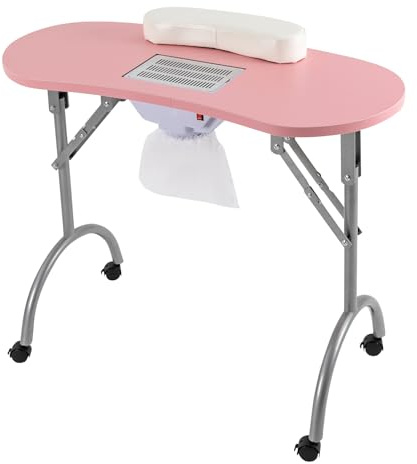 YEITBY Table de manucure pliable portable avec roues universelles pour la maison, le salon de manucure, le salon de beauté, le bureau, rose avec ventouse et accessoires de nettoyage des ongles