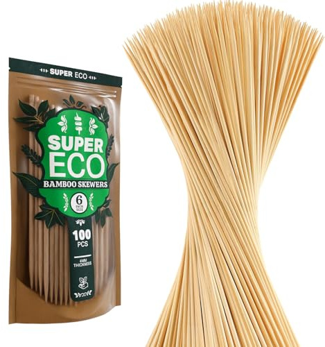 SUPER ECO 100 Pcs Natural Bamboo Skewers, Wooden Skewers for Appetizers, Fruit, Kebabs, Grilling Barbecue, Mini Burger, Sausage, Cocktail, Long Toothpicks, Food Sticks Natural
