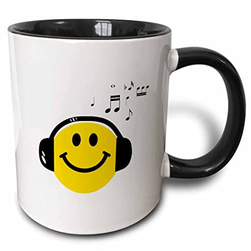Weiß Mit Henkel Becher Musikliebendes Gelbes Smiley-Gesicht Mit Schwarzen Kopfhörern Und Musiknoten Kaffeebecher Personalisiert Porzellan Kaffeebecher Tragbar Keramikbecher 330Ml