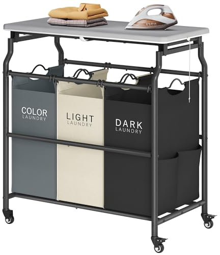 Hoctieon 3 Section Laundry Sorter Cart with Ironing Board, Laundry Hamper Basket with Shelf and Wheels, Heavy Duty Clothes Organizer, Large Clothes Separator with Removable Bags, Black+Gray+Beige