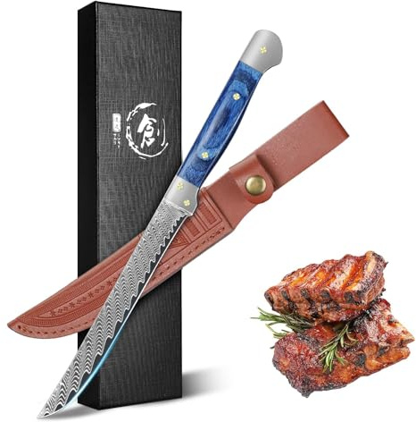 Golden Bird Ausbeinmesser 14,5 cm Filetiermesser Damaststahl mit VG10-Kern | Professionelles Küchenmesser mit ergonomischem blauen Full-Tang Holzgriff und Schutzscheide
