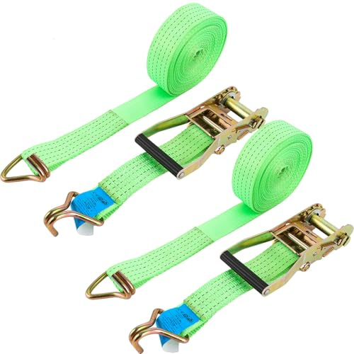 DAJAVE Set med 2 spärrband, 10 m x 50 mm, kapacitet 3 000 kg - spännband med hake, spännrem, spärrrem, motorcykel, lastbil, krokremmar, 10 m, grön