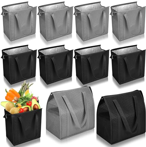 Locmeo 10 Pack Large Insulated Grocery Bags Reusable Shopping Bags with Zippered Top 13 x 12 x 7 Inch Thermal Cooler Totes Bulk with Handles for Hot Cold Food Delivery Refrigerator (Grey,Black)