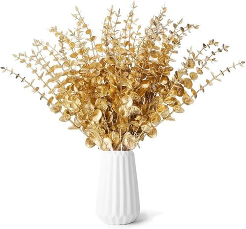 JAONLD Künstliche Pflanzen Gold 24 Stück Künstliche Eukalyptus | Getrocknet Künstlich Eukalyptus Deko Künstlicher Eukalyptus Nach Belieben Biegen und Schneiden für Hochze,Party,Dekoration