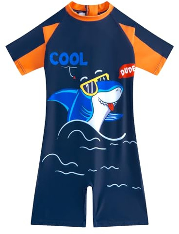 JiAmy Bañador Niño Verano Una Pieza Protección UV Cortas/Largas Mangas Traje de Baño con Cremallera Delantera y Cuello Redondo para Natación/Playa 8-12 Años