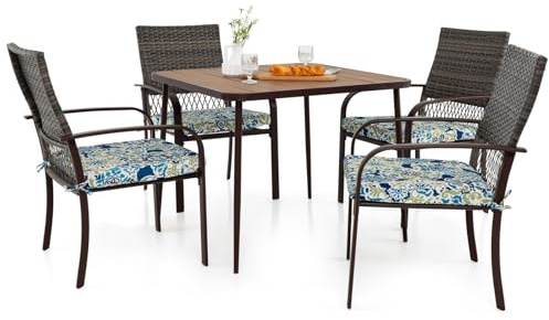 COSTWAY Polyrattan Gartenmöbel Set für 4 Personen, Tisch, 4 Rattanstühle & Kissen, Tischplatte aus WPC mit Schirmloch, Terrassenmöbel Set, Gartengarnitur, Sitzgruppe, Sitzgarnitur, Essgruppe